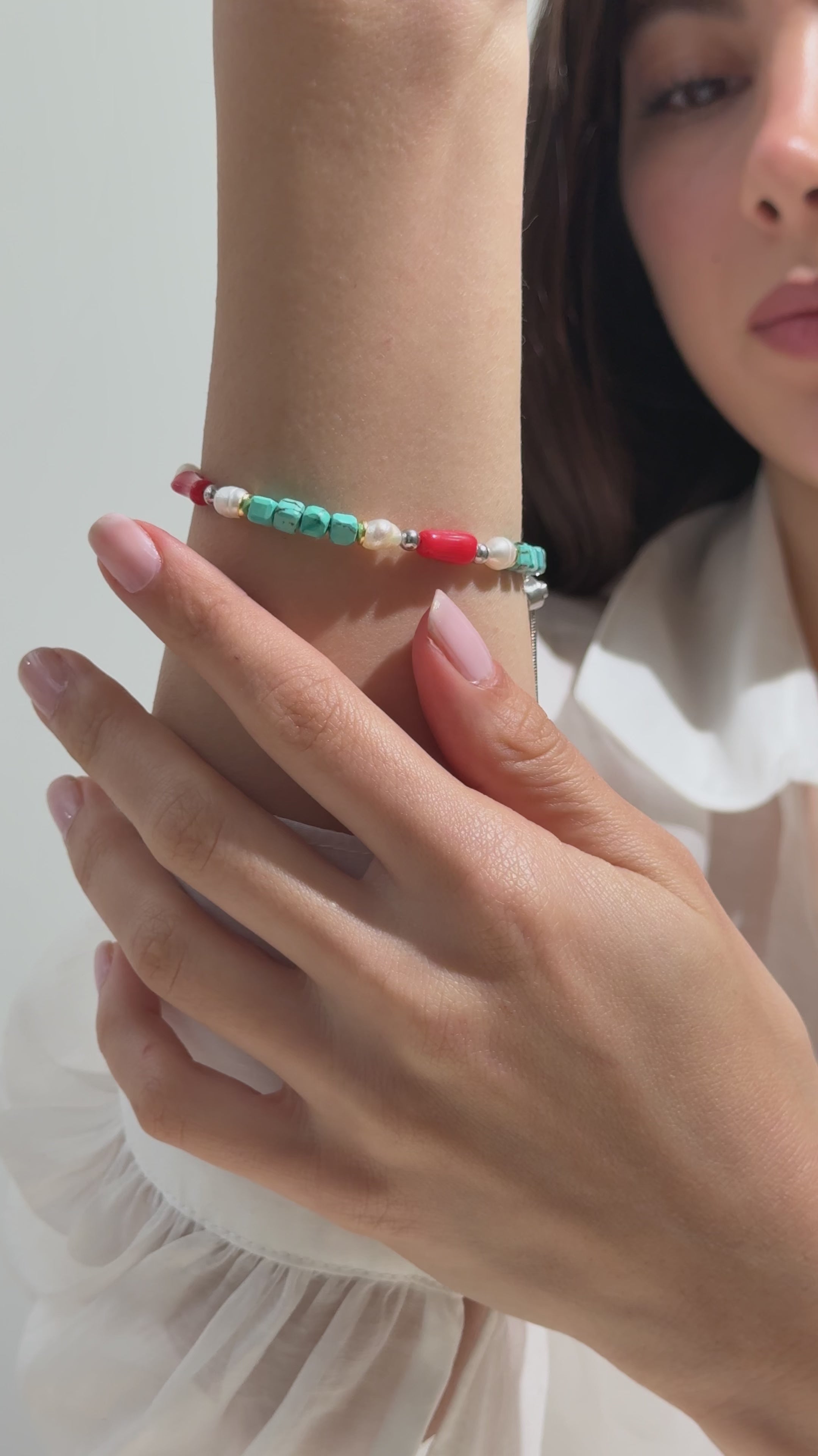 925 Ayar Gümüş Turkuaz, Mercan ve İnci Bileklik - Rodyum Kaplama, Ayarlanabilir