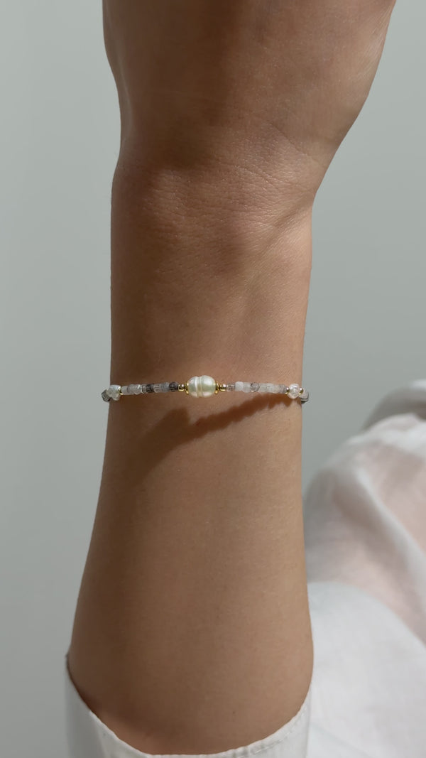 Dendritik Akik ve Barok İnci Bileklik - 18 Ayar Altın Kaplama 925 Ayar Gümüş, Ayarlanabilir