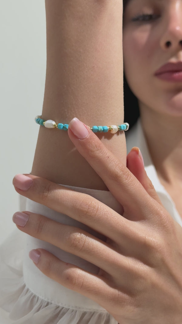 El Yapımı Turkuaz ve İnci Bileklik - 18 Ayar Altın Kaplama 925 Ayar Gümüş